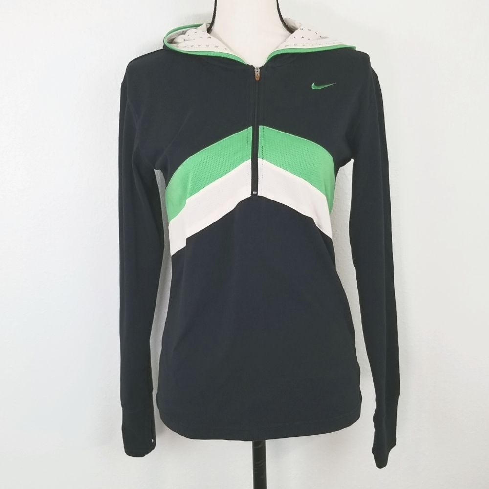 NIKE Black w/Green & White Stripes 1/4 Zip FitDry Hooded Jacket, size M